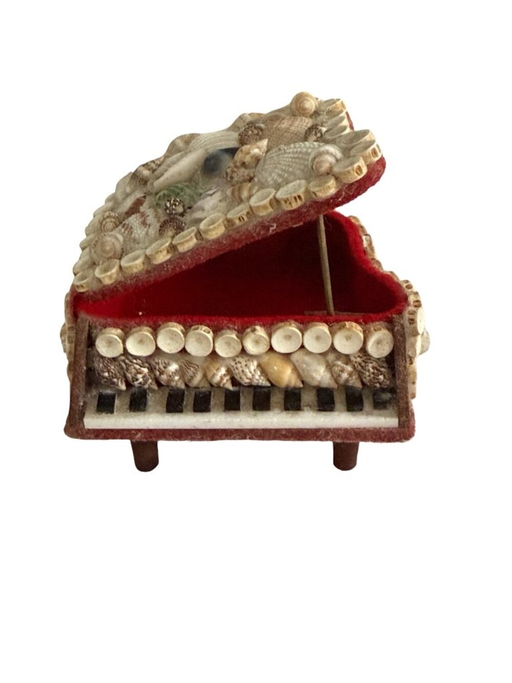 Vintage Seashell Grand Piano Jewelry Trinket Box Red Velvet Lined Beach Decor